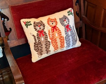 Vintage Hand Hooked Christmas Cat Pillow | Velvet Back Throw Pillow | Three Kittens Holiday Decor | Folk Art Cottage Christmas
