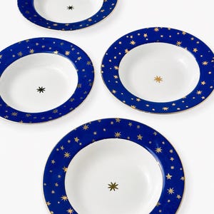 Vintage 90s Sakura Galaxy Soup Pasta Bowls Set of 4 Blue Gold Celestial Star Fine Porcelain 14K Gold Whimsigoth Dinnerware