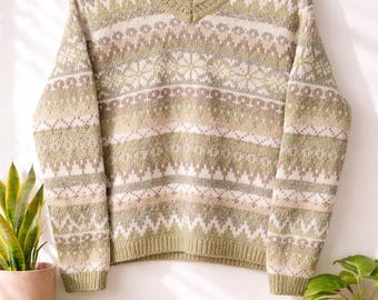Vintage 90s Croft & Barrow Fair Isle Sweater  Green Nordic Knit Cottagecore Pullover Cozy Winter Top Women’s Large