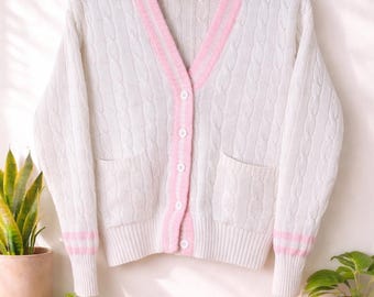 Vintage Lover Inspired Pink Cable Knit Cardigan Coquette Preppy Chunky Sweater Cottagecore Soft Girl Women’s XS/Small/Medium