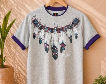 Vintage 90er Jahre Traumfänger Feder Grafik Ringer Tee Boho Western USA Made Large