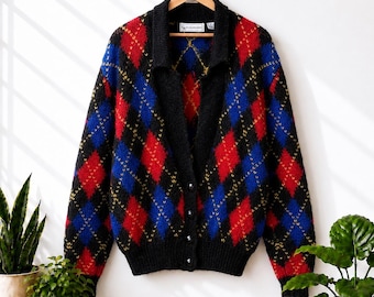 Vintage 80s Evan Picone Mohair Argyle Cardigan Sweater | Wool Blend Preppy Academia | Medium