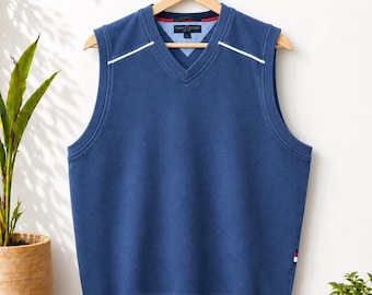 Vintage 90er Jahre Tommy Hilfiger Golf Pullover Weste Navy Blau Baumwolle Preppy Y2K
