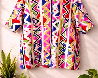 Vintage 90s Liz Baker Abstract Geometric Blouse | Bold Color Memphis Style Top | Retro Graphic Print Shirt | Women’s 18W