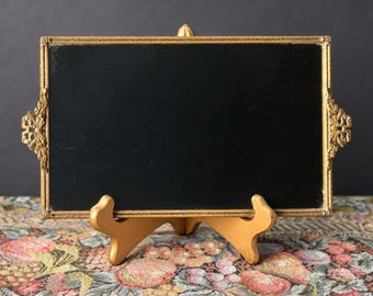 Vintage Ornate Gold Tone Vanity Mirror Tray with Bow Handles Brown Velvet Backing Hollywood Regency Decor