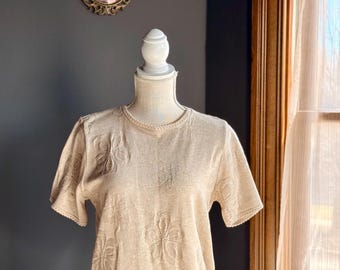 Vintage Alfred Dunner Floral Knit Top Beige Textured Short Sleeve Sweater Made in USA Women’s Small