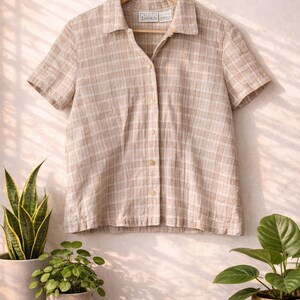 Vintage 90s Basic Editions Beige Plaid Linen Blend Button Up Shirt | Cottagecore Coastal Grandma Vibes | Women’s Large