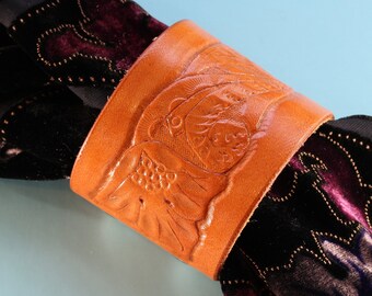 Floral Leather Shawl Cuff Hand Carved Leather Bracelet, Hand Tooled Leather Cuff Bracelet, Handtooled Leather Scarf Cuff Anniversary Gift