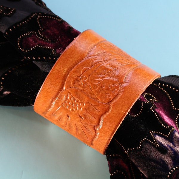 Floral Leather Shawl Cuff Hand Carved Leather Bracelet, Hand Tooled Leather Cuff Bracelet, Handtooled Leather Scarf Cuff Anniversary Gift