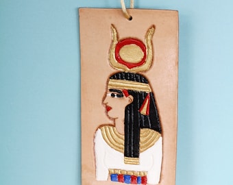 Hand Carved Leather Wall Hanging Hand Painted Door Hanger Egyptian Goddess Hathor