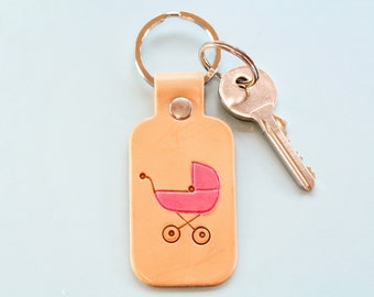 Pink Pram Hand Painted Leather Keychain, Stroller Keychain Baby Carriage Key Chain, Pram Keyring Leather Keyring, New Baby Girl Gift Key Fob