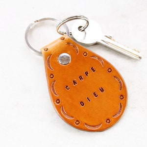 Carpe Diem Leather Keychain Carpe Diem Keychain, Leather Keyring, Inspirational Leather Key Fob, Leather Anniversary, Seize The Day Key Ring Light Brown