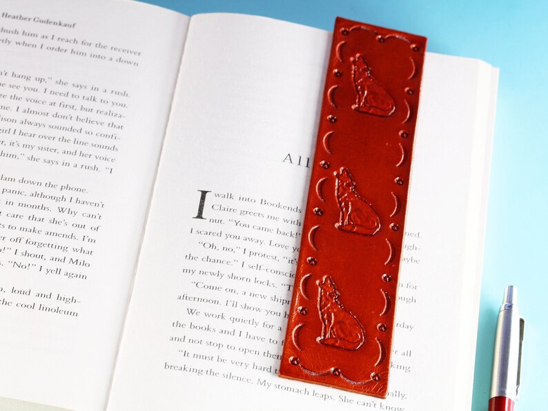 Leather Wolf Bookmark, Unique Hand Tooled Leather Bookmark, Handmade Howling Wolf Book Mark, Wolves Gift Boyfriend Gift, Coyote Husband Gift image 1