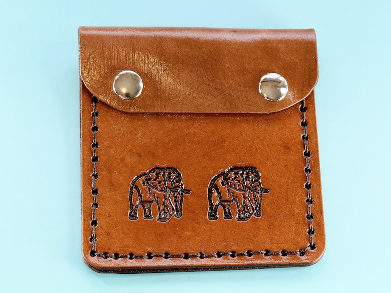 Hand Stamped Leather Coin Purse, Leather Purse, Elephant Gift For Him Her, Birthday Gift For Dad, Elephant Lover Gift, 3rd Anniversary Gift image 1