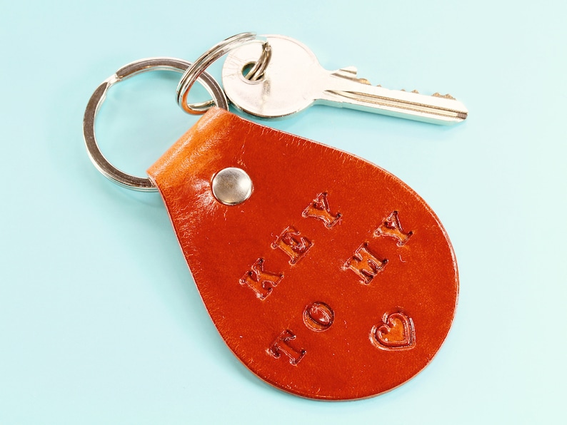 Leather Keychain Key To My Heart Keychain, Leather Keyring Key To My Heart Keyring, Romantic Long Distance Love Key Fob Moving In Together image 1