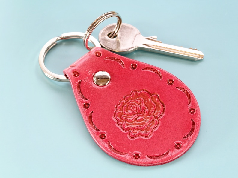 Rose Leather Keychain, Rose Keychain, Handmade Pink Leather Keyring, Roses Keyring, Floral Gift Birthday Gift For Mum, Rose Key Fob For Her image 1