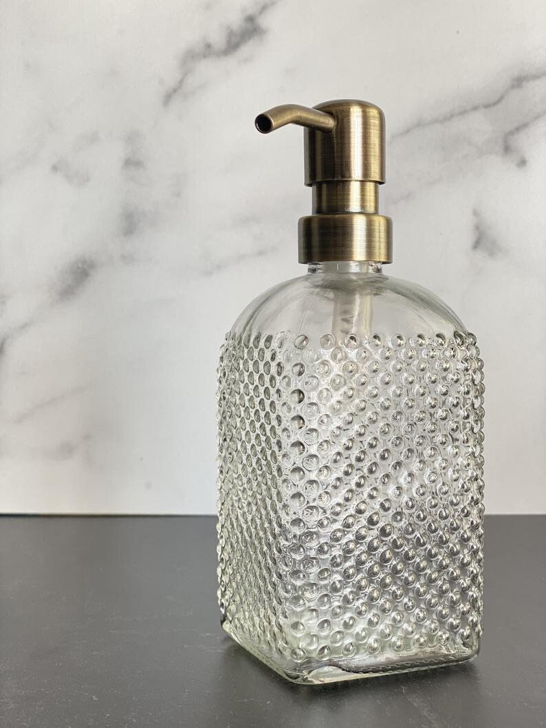 Vintage Glass 16 oz Soap Dispenser • Apothecary • Refillable • Metal Pump • Hand+Dish Soap Dispenser • Gift • Glass Bottle • Bathroom