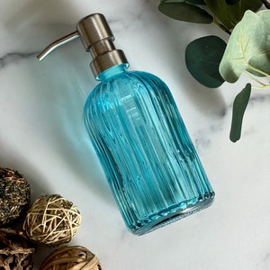 Light Blue Vintage Glass 14oz Soap Dispenser | Glass Apothecary | Refillable | Metal Pump | Hand + Dish Soap Dispenser | Gift | Glass Bottle