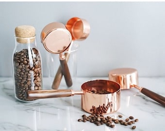 Measuring Cups Set of 4 | Measuring Spoons | Stainless Steel Metal | Measure Cups |Wooden Handle | Rose Gold Copper | Gifts |