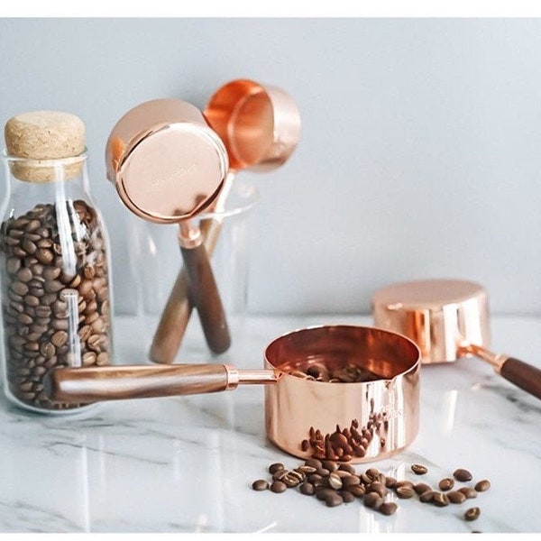 Measuring Cups Set of 4 | Measuring Spoons | Stainless Steel Metal | Measure Cups |Wooden Handle | Rose Gold Copper | Gifts |