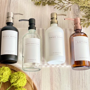 Glass Bottle • Hand Wash + Dish Soap + Lotion • Amber+Clear • White+Black • Soap Dispensers • Waterproof Labels • Kitchen • Metal Pump•Gift