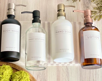 Glass Bottle • Hand Wash + Dish Soap + Lotion • Amber+Clear • White+Black • Soap Dispensers • Waterproof Labels • Kitchen • Metal Pump•Gift