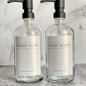 Glass Bottle Set Hand Soap Dish Soap Set Soap Dispensers Clear Glass Bottles Water-proof Labels Metal Pump Kitchen Bathroom image 2