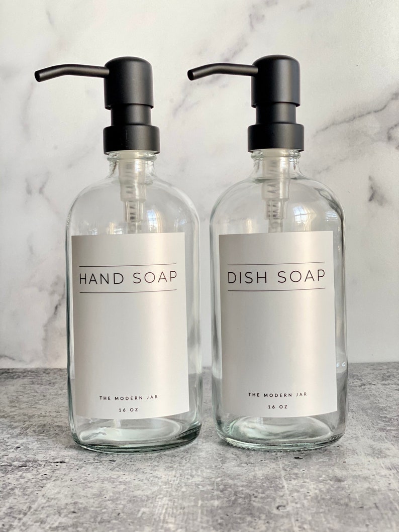 Glass Bottle Set Hand Soap Dish Soap Set Soap Dispensers Clear Glass Bottles Water-proof Labels Metal Pump Kitchen Bathroom image 2