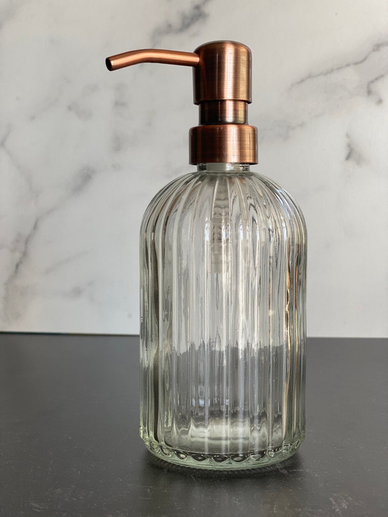 Vintage Glass 14 oz Soap Dispenser | Glass Apothecary | Refillable | Metal Pump | Hand + Dish Soap Dispenser | Gift | Glass Bottle