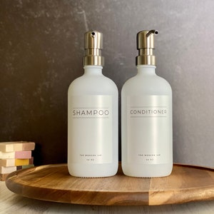 Shampoo+Conditioner Set • Glass Bottle Set • White Glass • Soap Dispensers • Water-proof Labels • 16oz Refillable • Bathroom • Metal Pump