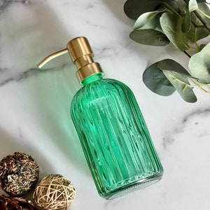 Green Vintage Glass 14 oz Soap Dispenser | Glass Apothecary | Refillable | Metal Pump | Hand + Dish Soap Dispenser | Gift | Glass Bottle