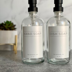 Glass Bottle Set • Hand Soap + Dish Soap Set • Soap Dispensers • Clear Glass Bottles • Water-proof Labels • Metal Pump • Kitchen • Bathroom