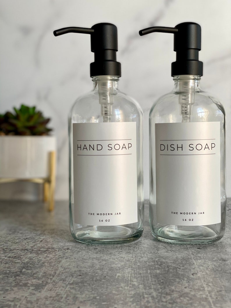 Glass Bottle Set Hand Soap Dish Soap Set Soap Dispensers Clear Glass Bottles Water-proof Labels Metal Pump Kitchen Bathroom image 1