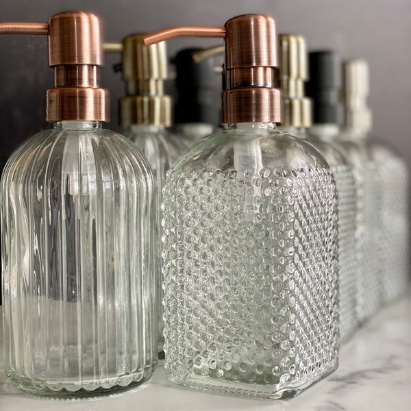 Set of Vintage Glass Soap Dispenser • Apothecary • Refillable • Metal Pump • Hand+Dish Soap Dispenser • Gift • Glass Bottle • Bathroom