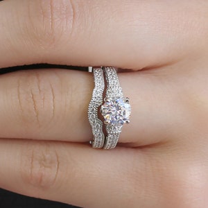 1.25 CT Vintage Bridal Ring Set, Sterling Silver Wedding Ring Women, Matching Half Eternity Ring Enhancer, Simulated Diamond Engagement Ring