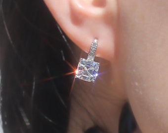 2.4 CT Asscher Drop Studs, Platinum Plated Sterling Silver Drop Earrings Women, Art Deco Design Classic Earrings, Simulated Diamond Earrings