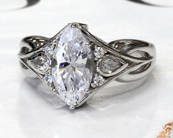Simulated Diamond Edwardian Engagement Ring, Sterling Silver Wedding Ring, 2 Carat Marquise CZ Stone Teardrop Bezel Band Vintage Ring Women
