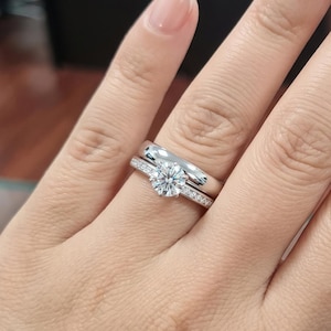 Custom 1 CT Bridal Set, Sterling Silver Solitaire Ring, Engraved Band Anniversary Stack, Travel Engagement Ring