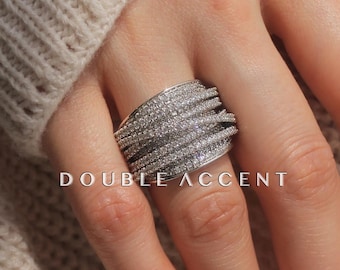 Crisscross Bold Statement Ring: Solid Sterling Silver, CZ Stone Pave Set, Rhodium, Rose Gold or Gold Band