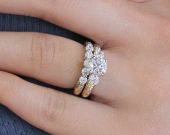 Conjunto de anillos de novia de 1,5 quilates, anillo de bodas de plata de ley, anillo vintage de banda de filigrana de dos tonos chapado en oro de 14 quilates, anillo de compromiso de diamantes de imitación