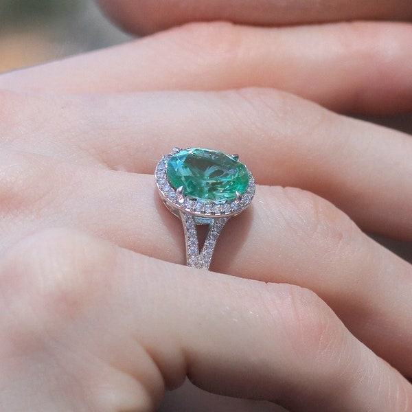 Emerald Sea Majesty Ring, Platinum Plated Sterling Silver Statement Ring, Vintage Halo Set Gemstone, Oval 5 CT Aqua Green CZ Cocktail Ring