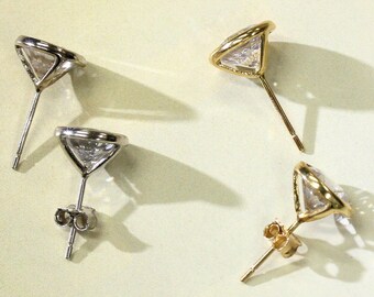 Martini Bezel Stud Earrings, Solid 14K Gold, White Gold Stud Earrings for Men Women, 6mm, 7mm Bezel Earrings, Modern Simulated Diamond Studs