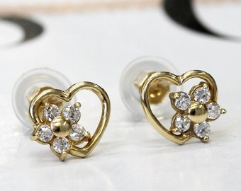 14K Yellow Gold Cubic Zirconia Cluster Flower Heart Safetyback Stud Earrings(DJBIOJ158-SL)