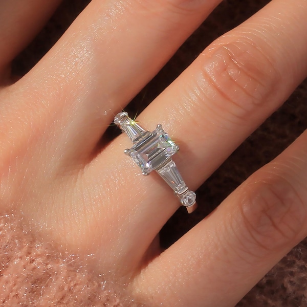 Art Deco Engagement Ring, Platinum Plated Sterling Silver Wedding Ring, Emerald Cut 1 Carat CZ Stone Baguette Side Simulated Diamond Ring