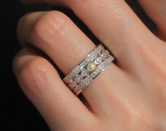 8mm Brede Band Art Deco Ring, Geplatineerde Sterling Zilveren Trouwring, Drie Rij Volledige Eternity Ring, Gesimuleerde Diamond Anniversary Ring