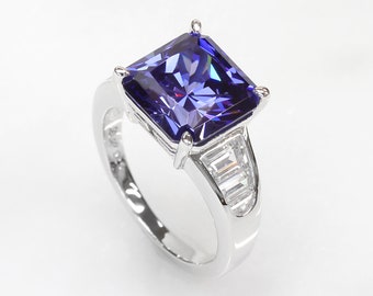 Simulated Tanzanite Ring, Platinum Plated Sterling Silver Wedding Ring, 3.9 Carat Cushion Cut Simulated Tanzanite CZ Stone Ring, Blue Ring