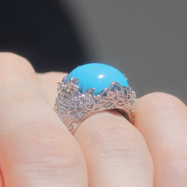 Bague turquoise bleue simulée taille coussin de 14 mm, bague en argent sterling, bague de cocktail design lotus, cadeaux d'anniversaire, bague en pierres précieuses