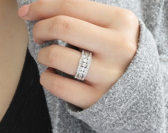 Sterling Silver Vintage Milgrain Eternity Band Simulated Diamond Ring Crown Wedding Band For Women