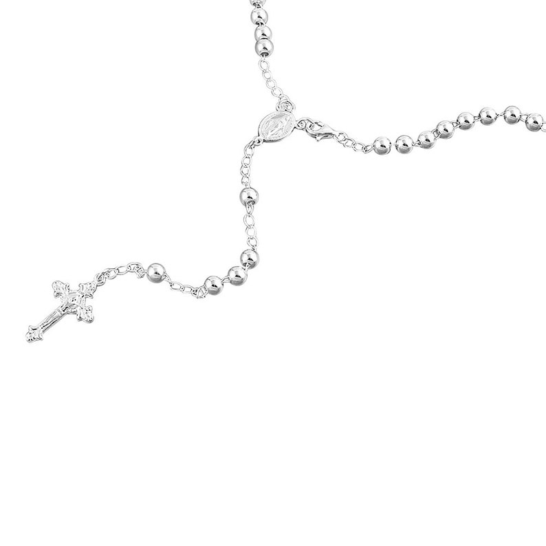 SNCRN10027 Women Sterling Silver Rosary Necklace 5mm Bead Jesus On The Cross Pendant Chain