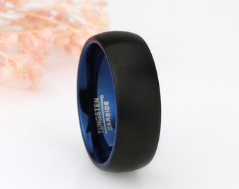 Men Women Tungsten Ring, 8mm Blue Tungsten Ring, Domed Black Blue Inside Brushed Finish Tungsten Ring, Custom Engraved Personalized Ring